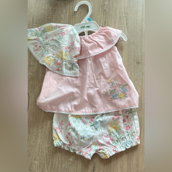 Little Me Other - NWT 3PC Little Me Bloomer Shorts Sunsuit & Hat Pink Embroidered Floral - 6M